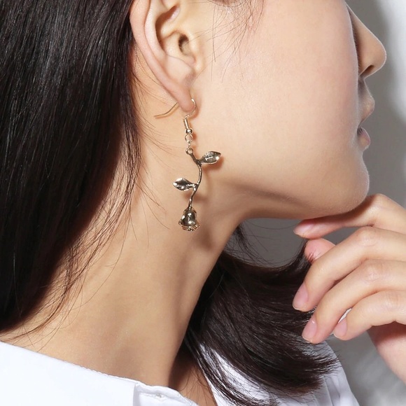 Gold Rose Minimalist Drop Earrings - Picture 4 of 4